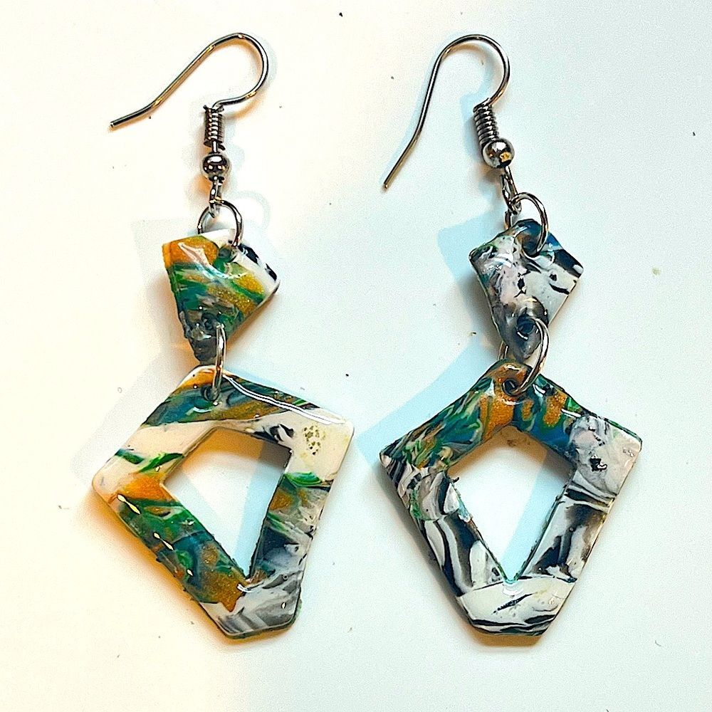 NEW Green Faux Stone Swirl Diamond Polymer Clay Dangle Earrings